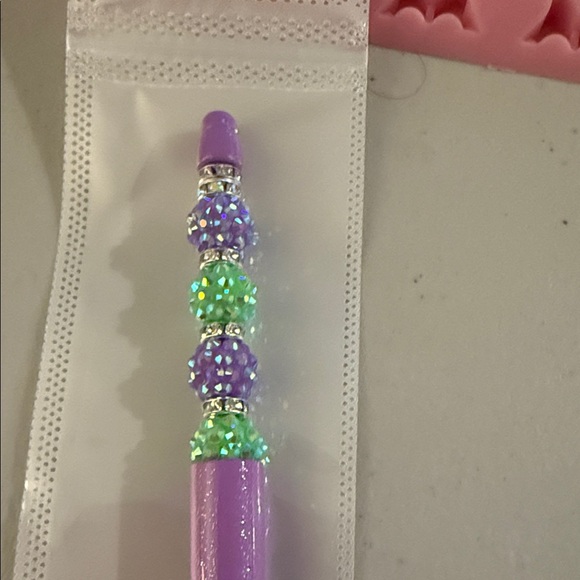 Homemade Purple and Green Bejeweled Ballpoint  Beaded Refillable Pen - Picture 2 of 3